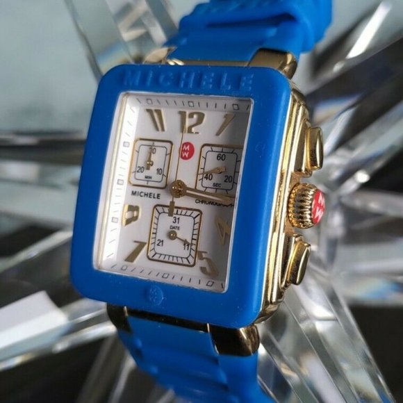 🤩SOLD🤩 Michele Watch Chronograph Park Gold & Blue Silicone 35mm Swiss Made - Picture 2 of 8